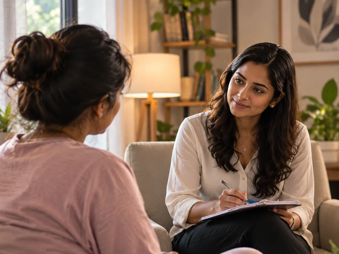 A psychologist taking notes in a calm conversation with a mother
