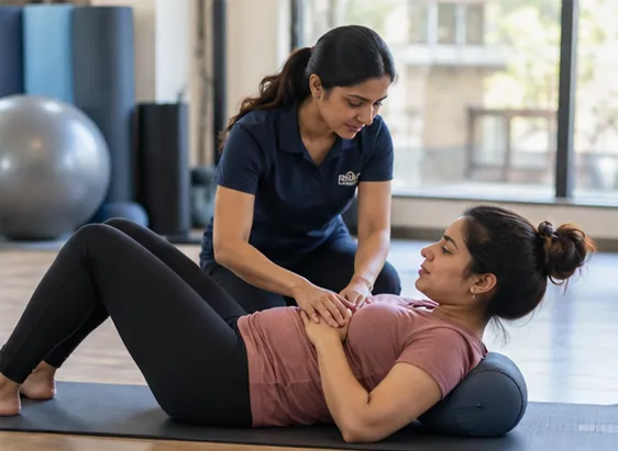 A physiotherapist guiding a mother through a gentle core exercise on a mat