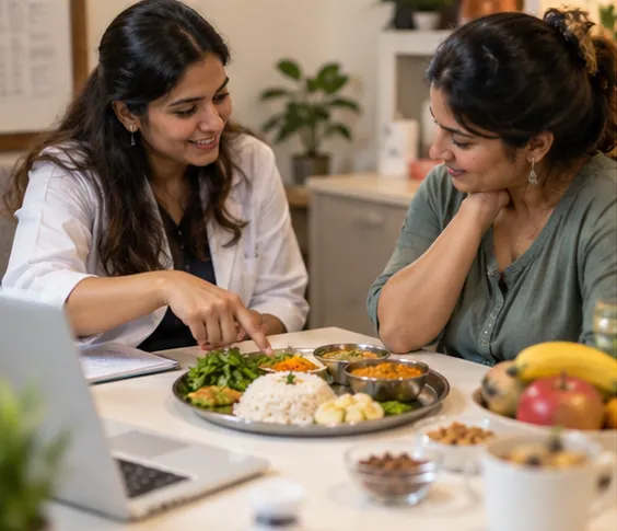 A nutritionist talking a mother through a plate of healthy Indian food