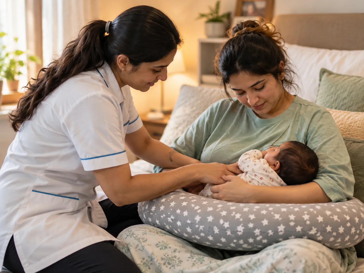 A lactation consultant gently helping a mother position her newborn on a nursing pillow