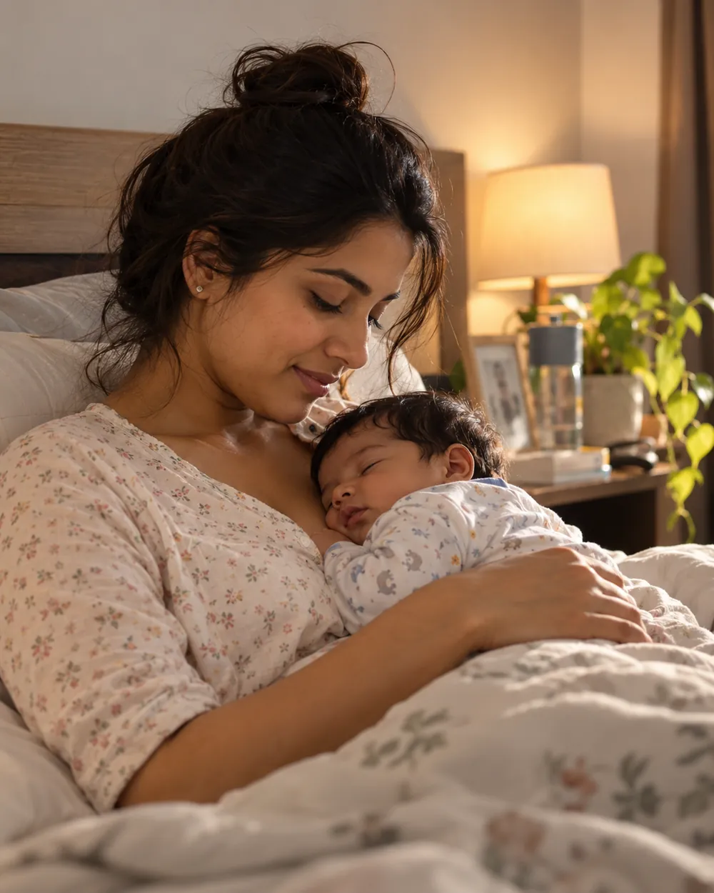 A mother resting in bed with her newborn asleep on her chest