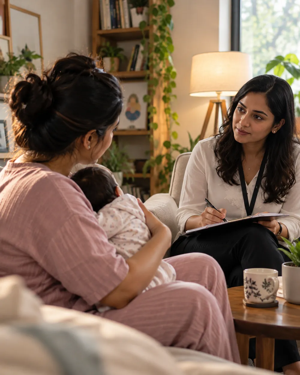 An expert taking notes while listening closely to a mother holding her baby