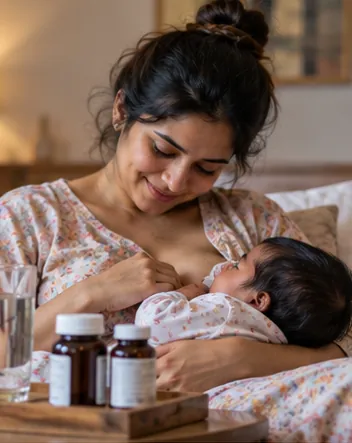 A mother breastfeeding her baby, with water and supplements on the tray beside her