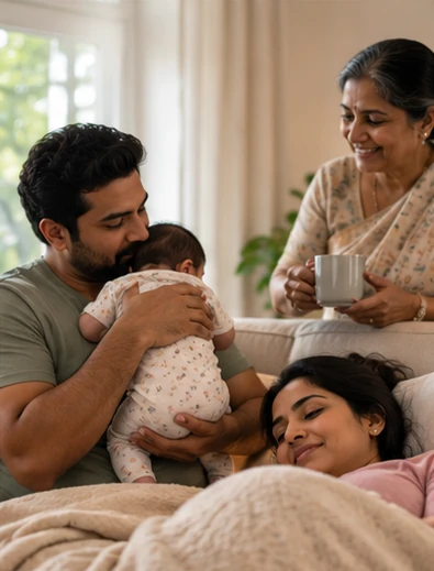 A father holding the baby while the mother rests and a grandmother brings tea